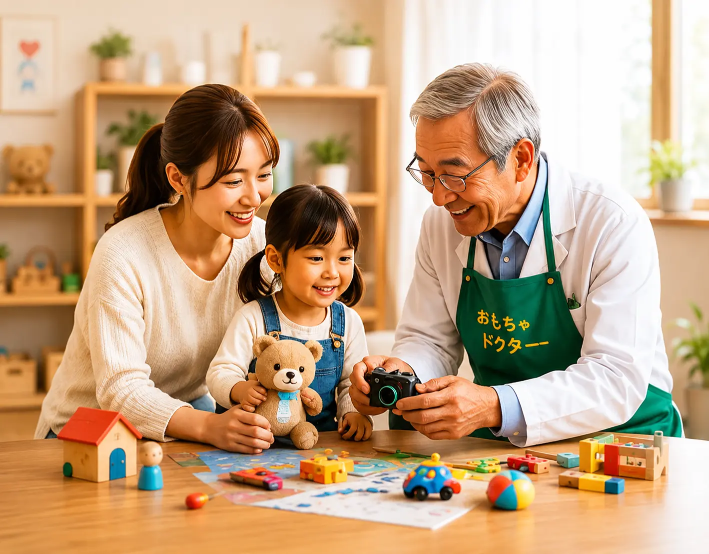 おもちゃドクターと親子が壊れたおもちゃを見ている様子